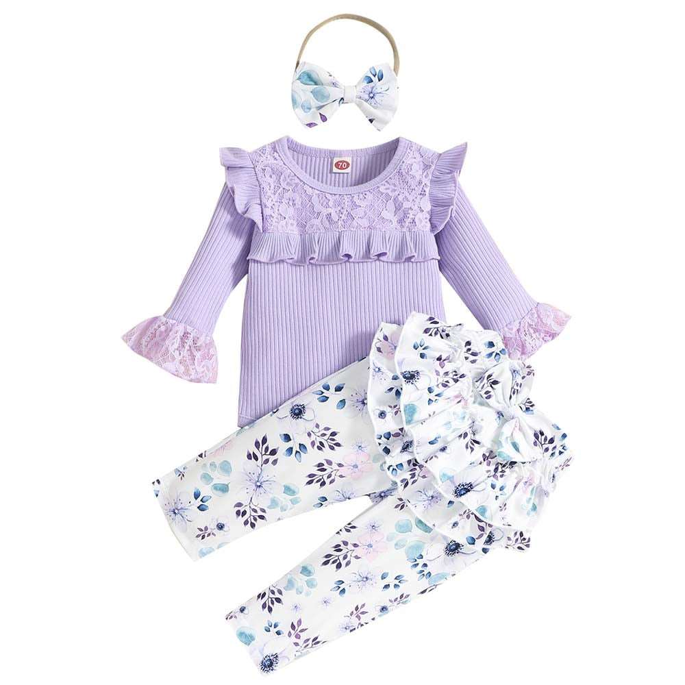 0-2Y Newborn Baby Girl Outfit Long-Sleeved Autumn Winter Romper Print Pants Headband 3Pcs Set Toddler Infant Costume