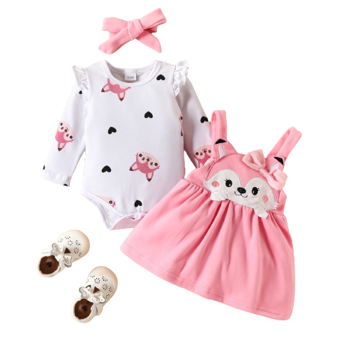 Adorable Baby Girl Outfit Set with Cartoon Fox Dress, Heart Romper, and Suspender Bowknot Dress