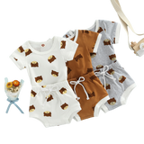 Adorable Baby Girl Boy Jumpsuit Set with Cute Cartoon Bear Print for Summer