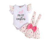 My First Easter" Baby Clothing Set for Girls: Rabbit Romper and Layered Floral Bodysuit