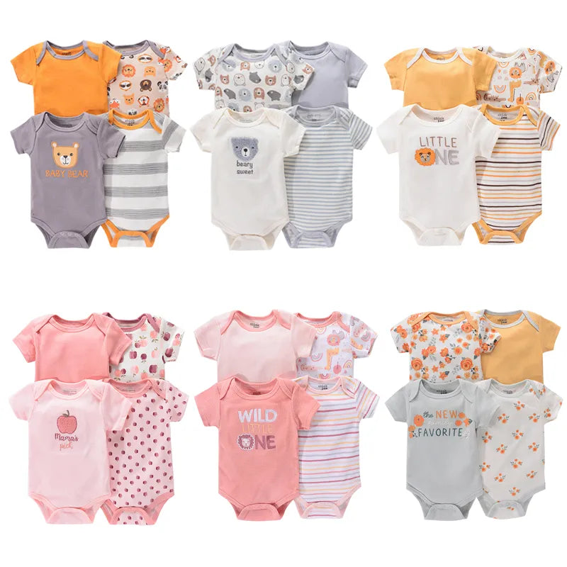 4Pieces Cotton Baby Girl Clothes Print Short Sleeve Bodysuit New Born Baby Boy Clothes Sets 0-12M Summer Animal Bebes