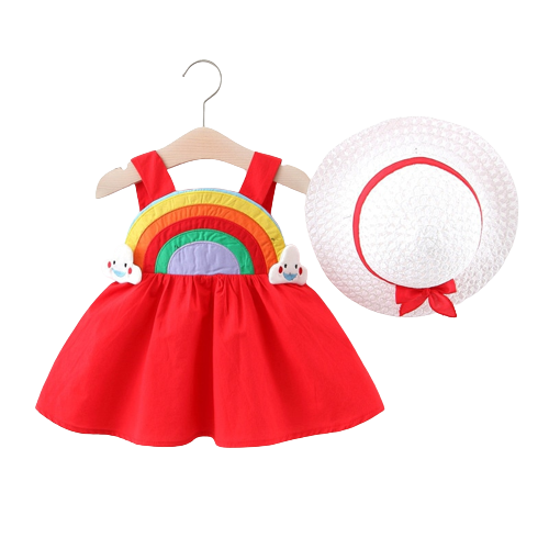 Summer Rainbow Sling Dresses for Baby Girls - 2 Piece Set with Hat