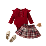 Baby Girl Outfit Sets - Pink Dots Lace Romper+Layered Denim Skirts