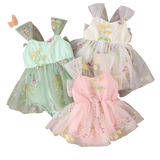 Baby Girl Princess Romper Dress with Floral Embroidery and Lace Mesh - Babbez
