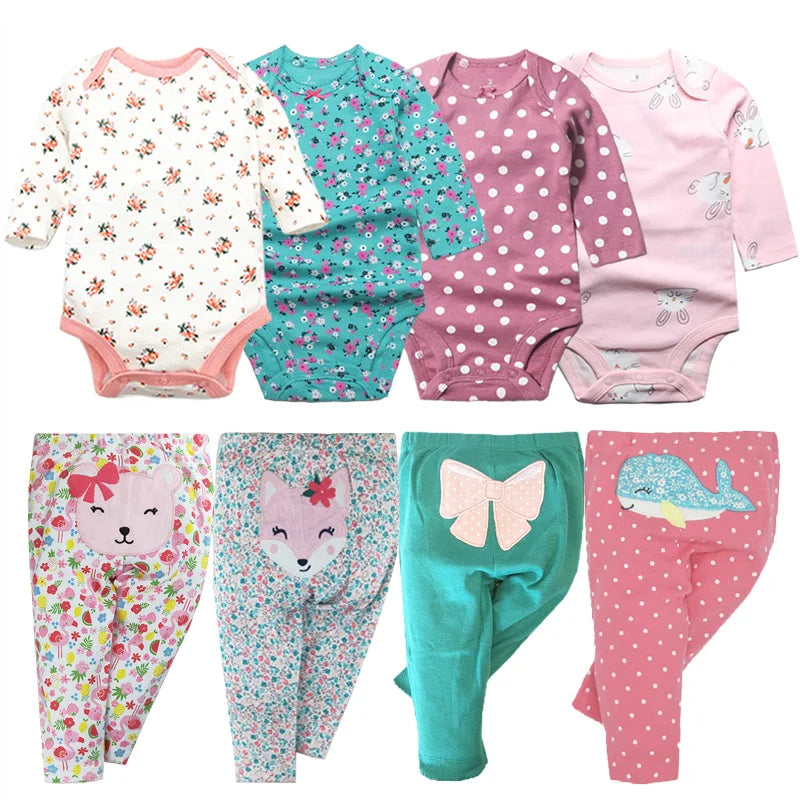 2022 Cotton Newborn Baby Sets 4pcs Baby Bodysuits+4pcs Baby Pants Boys Baby Clothing Sets Full Sleeve Baby Girl Clothes Cartoon