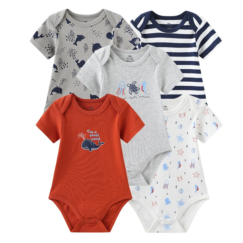 5Pieces Unisex Bodysuits 2023 Newborn Baby Girl Clothes Cotton Cartoon Baby Boy Clothes Set Solid Color Print Summer Bebes