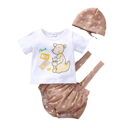 Summer Kangaroo Printed Top and Stars Overalls Baby Set