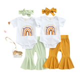 3pcs Fashion Summer Newborn Baby Girls Boys Clothes Sets Rainbow Print Short Sleeve Rompers Tops+Ribbed Knitted Flare Long Pants
