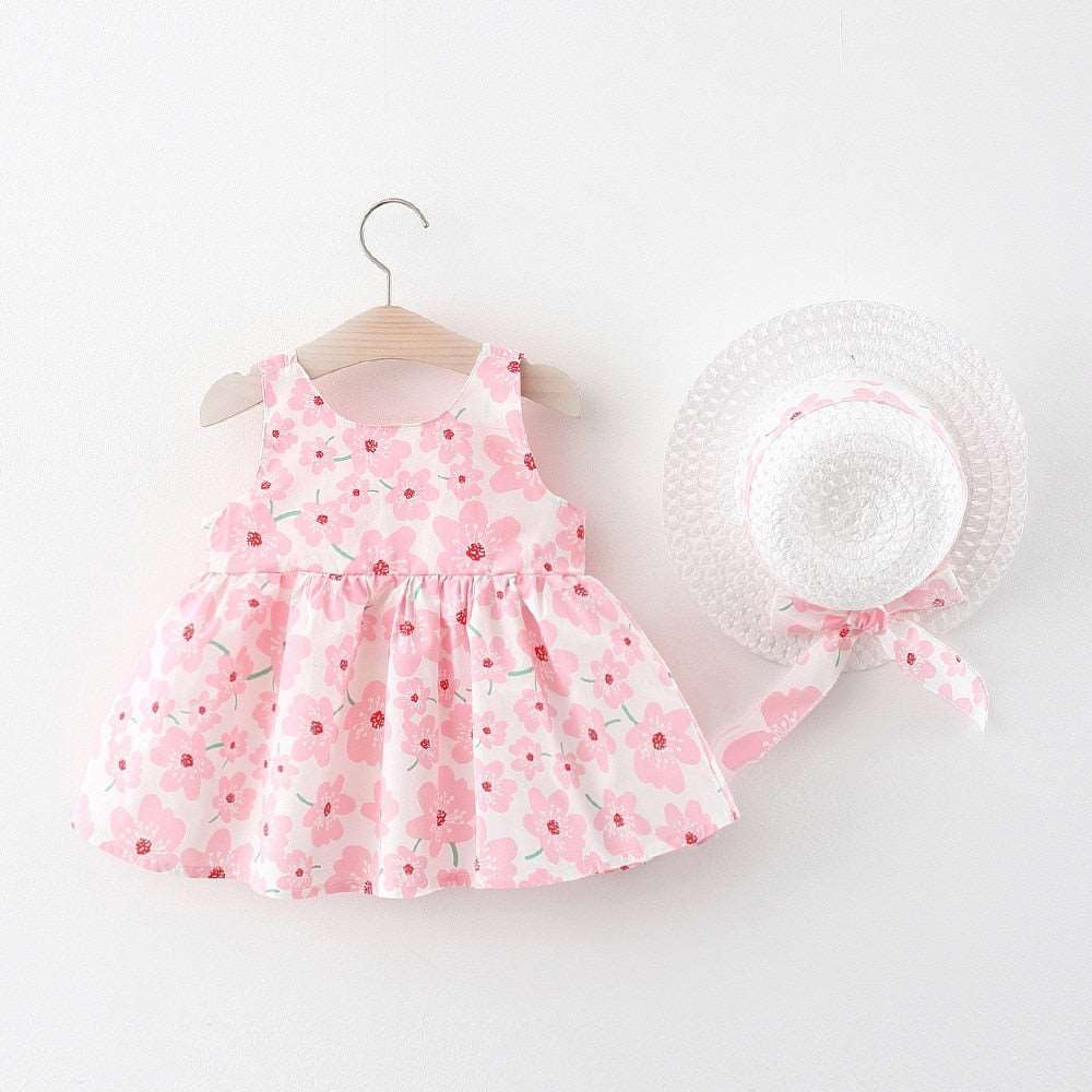 2-Piece Set of Summer Flower Sling Dresses with Bow for Baby Girls