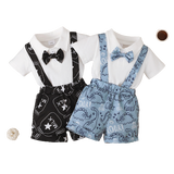 Stylish Baby Boy Clothes Set with Letter Print Necktie Romper and Overalls