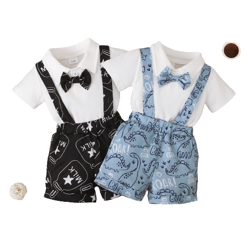 Stylish Baby Boy Clothes Set with Letter Print Necktie Romper and Overalls