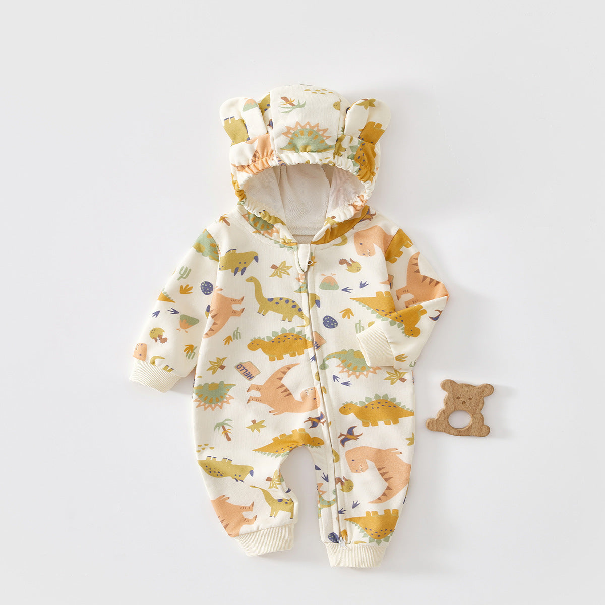 Bear Ear Hooded Zip Baby Jumpsuit – Cream Dinosaur