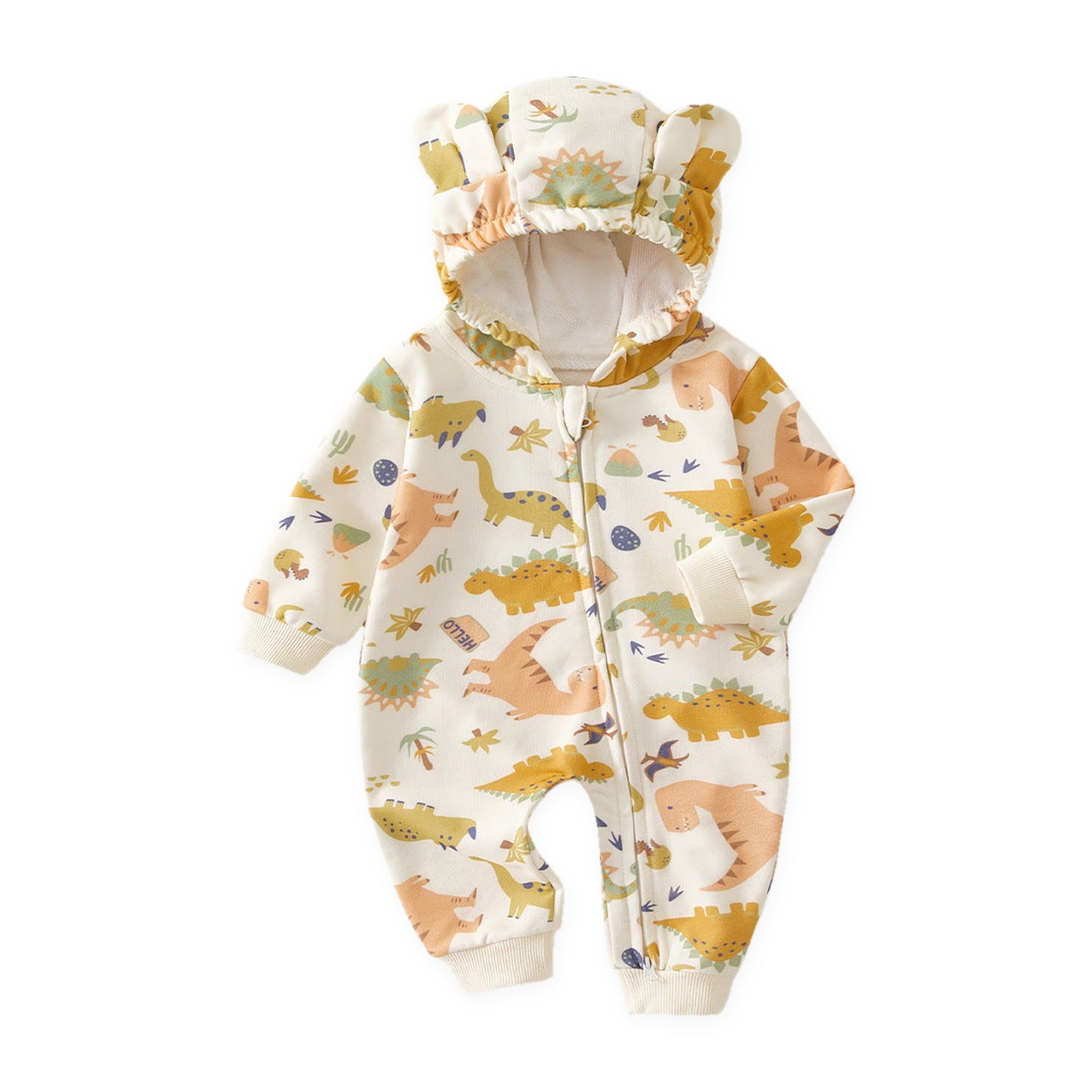 Bear Ear Hooded Zip Baby Jumpsuit – Cream Dinosaur