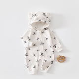 Cream moon hooded baby romper with a zip, laid flat, front view