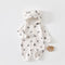 Cream moon hooded baby romper with a zip, laid flat, front view