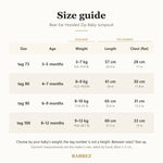 Size guide by age and weight: tag size, garment length and chest