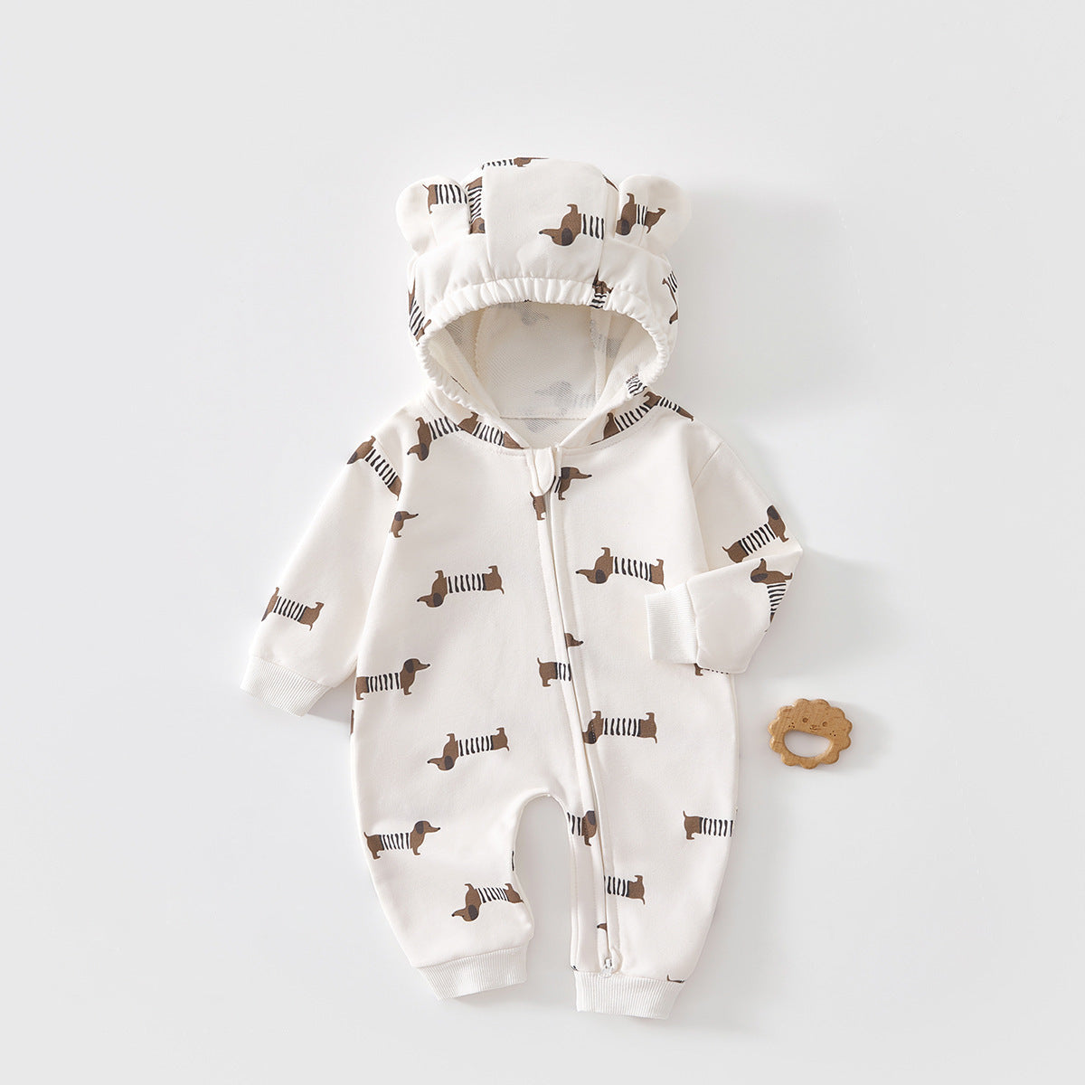 Bear Ear Hooded Zip Baby Jumpsuit – Cream Sausage Dog