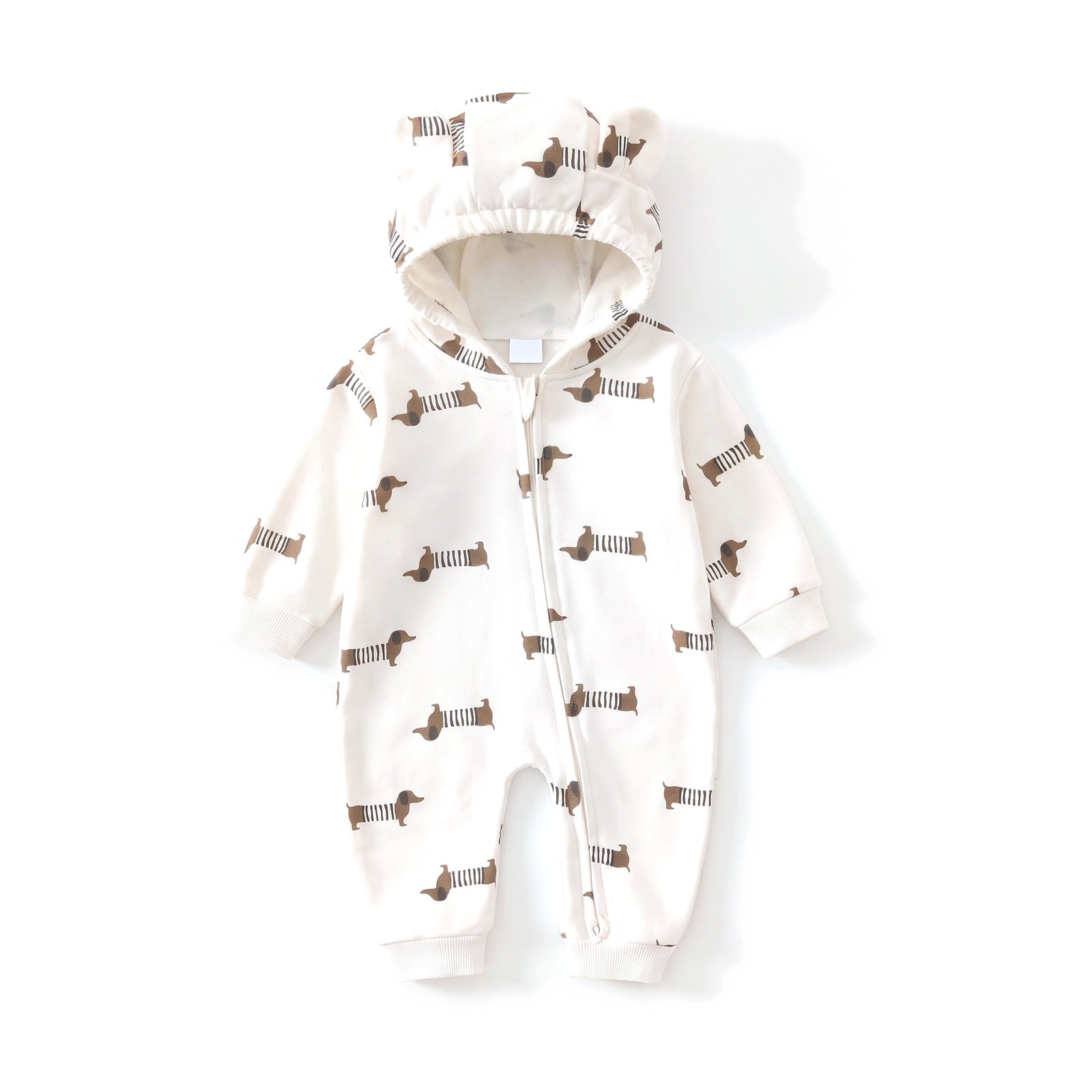 Bear Ear Hooded Zip Baby Jumpsuit – Cream Sausage Dog