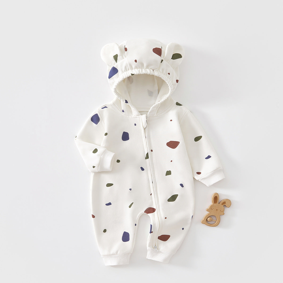 Bear Ear Hooded Zip Baby Jumpsuit – Cream Terrazzo