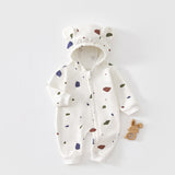 Cream terrazzo hooded baby romper with a zip, laid flat, front view