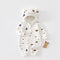 Cream terrazzo hooded baby romper with a zip, laid flat, front view