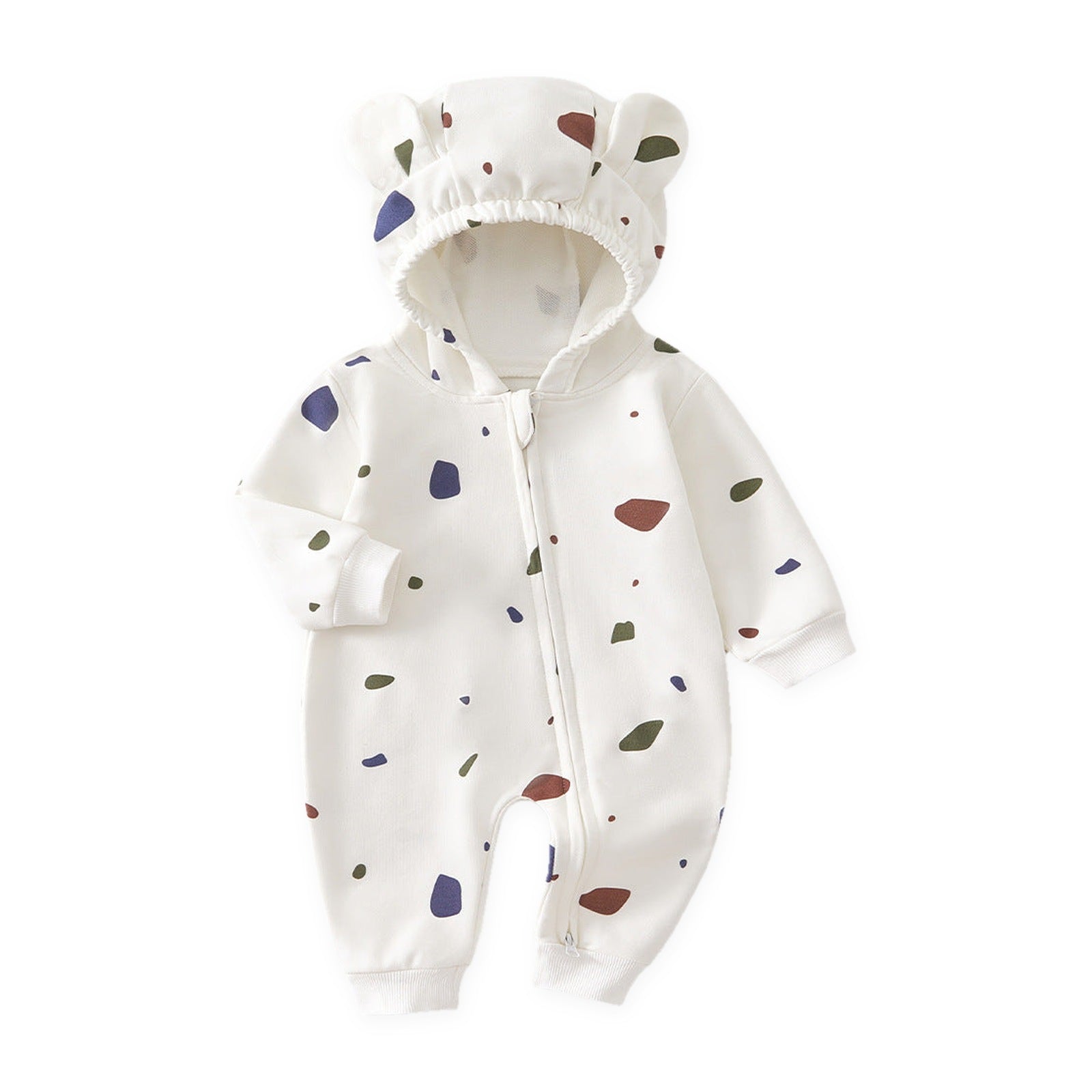 Bear Ear Hooded Zip Baby Jumpsuit – Cream Terrazzo