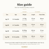 Size guide by age and weight: tag size, garment length and chest