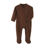 Brown cotton baby romper with covered feet and a zip from the neck down one leg, laid flat