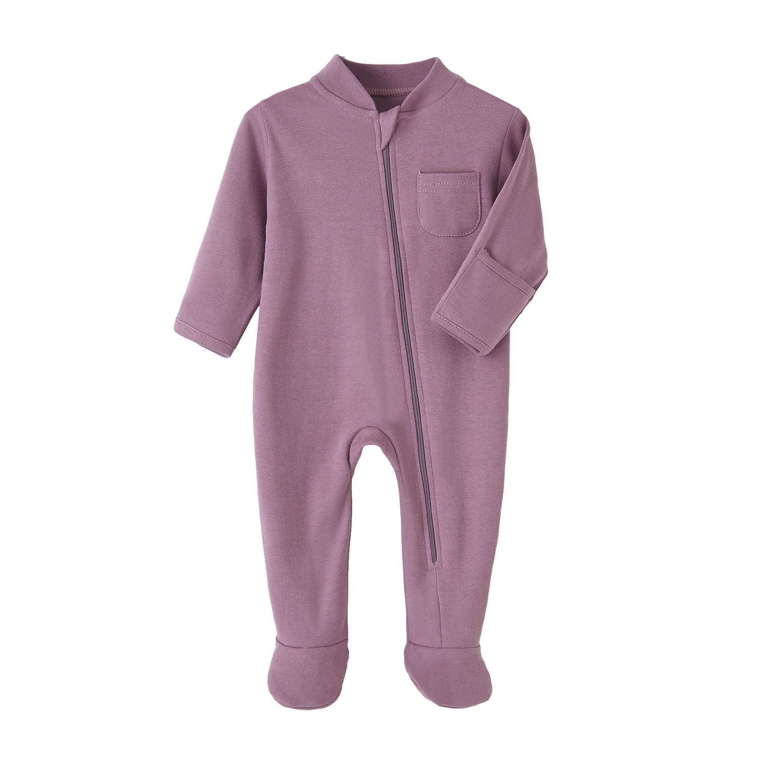Dusty Purple cotton baby romper with covered feet and a zip from the neck down one leg, laid flat