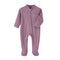 Dusty Purple cotton baby romper with covered feet and a zip from the neck down one leg, laid flat