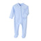 Light blue cotton baby romper with covered feet and a zip from the neck down one leg, laid flat