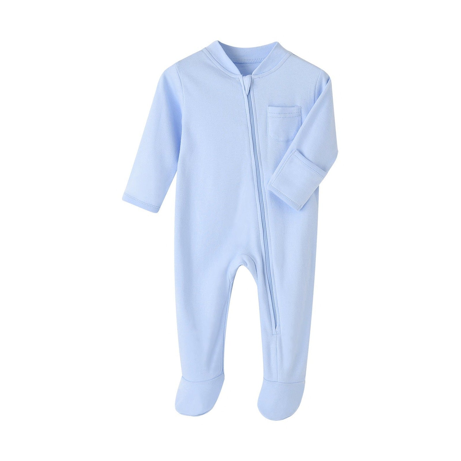 Cotton Zip Baby Jumpsuit with Feet & Pocket – Light Blue