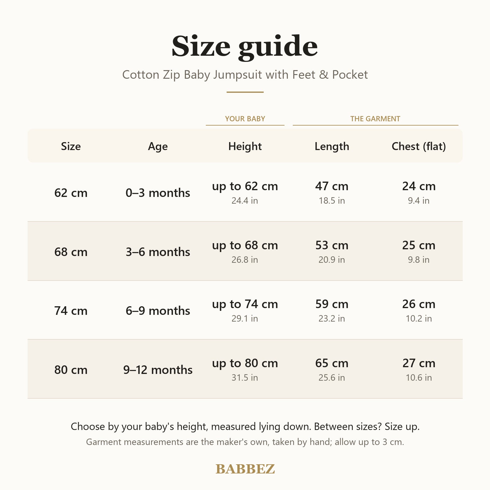 Size guide for 0 to 12 months: baby's height, garment length and chest