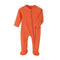 Orange cotton baby romper with covered feet and a zip from the neck down one leg, laid flat