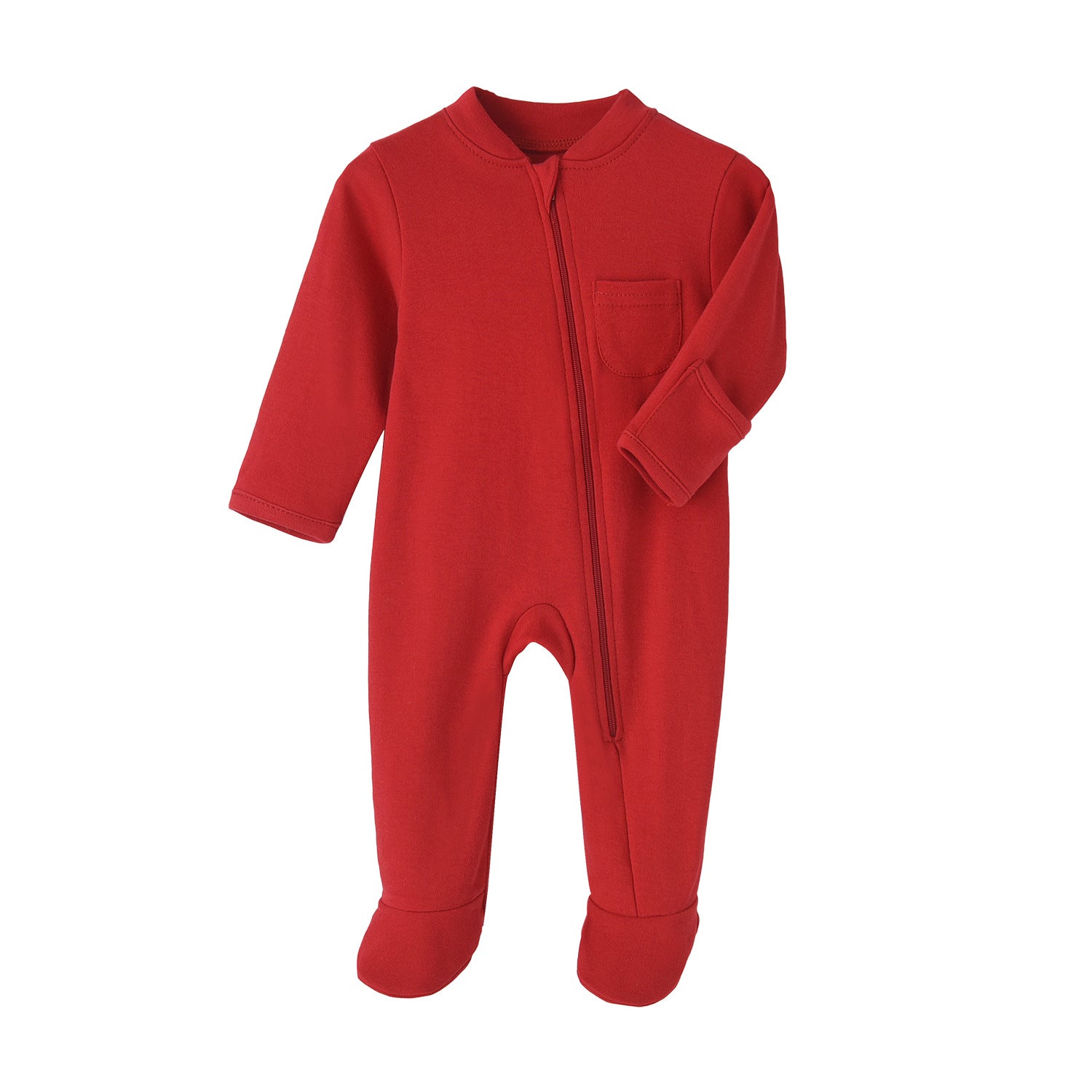 Red cotton baby romper with covered feet and a zip from the neck down one leg, laid flat