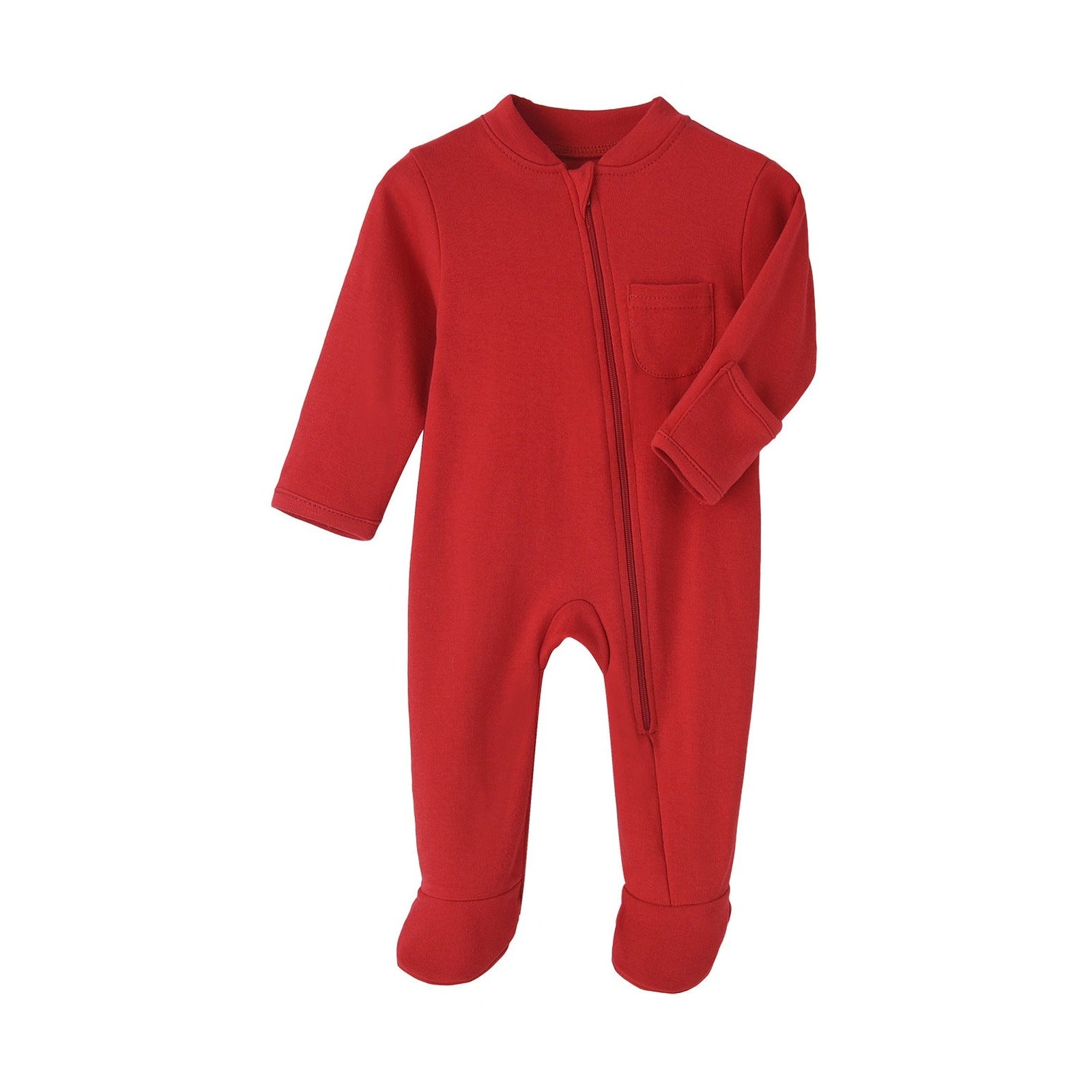 Cotton Zip Baby Jumpsuit with Feet & Pocket – Red