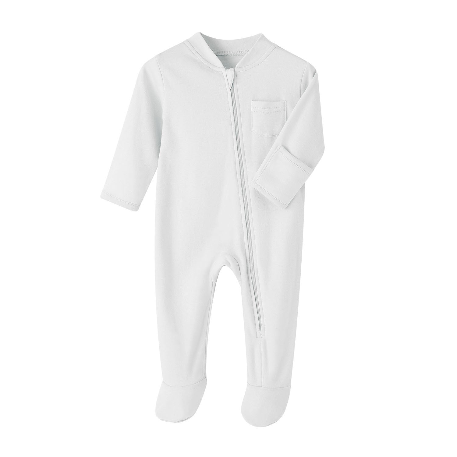 White cotton baby romper with covered feet and a zip from the neck down one leg, laid flat