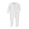 White cotton baby romper with covered feet and a zip from the neck down one leg, laid flat