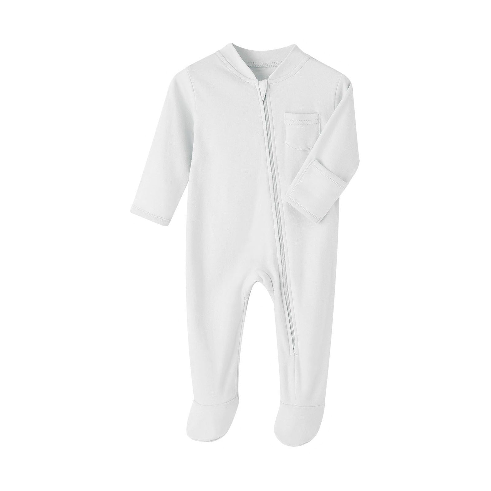 Cotton Zip Baby Jumpsuit with Feet & Pocket – White