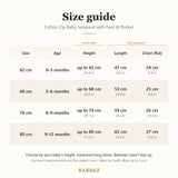 Size guide for 0 to 12 months: baby's height, garment length and chest