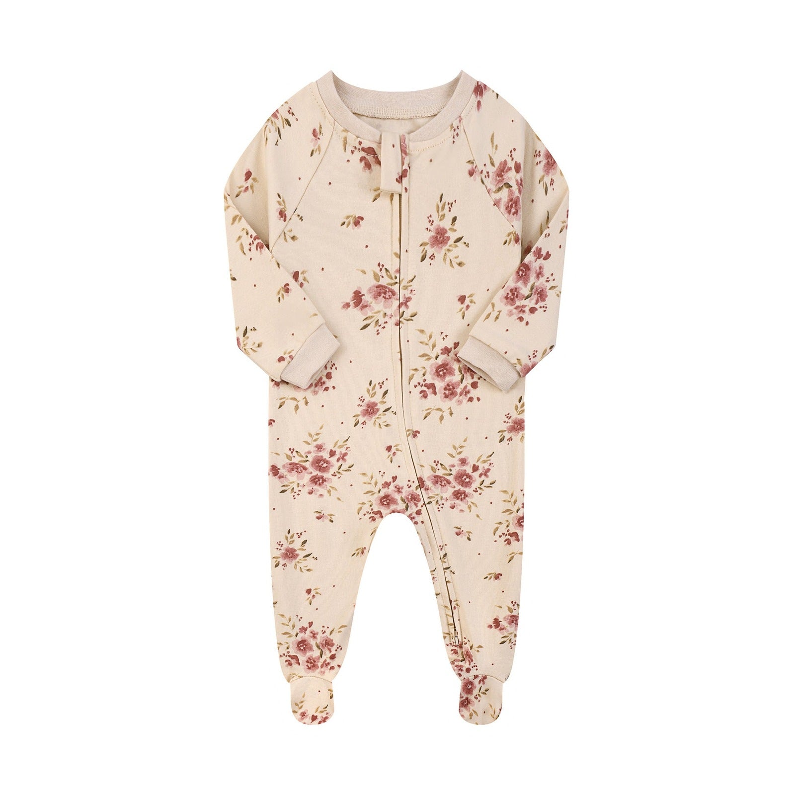 Cotton Zip Baby Jumpsuit with Feet – Beige Rose