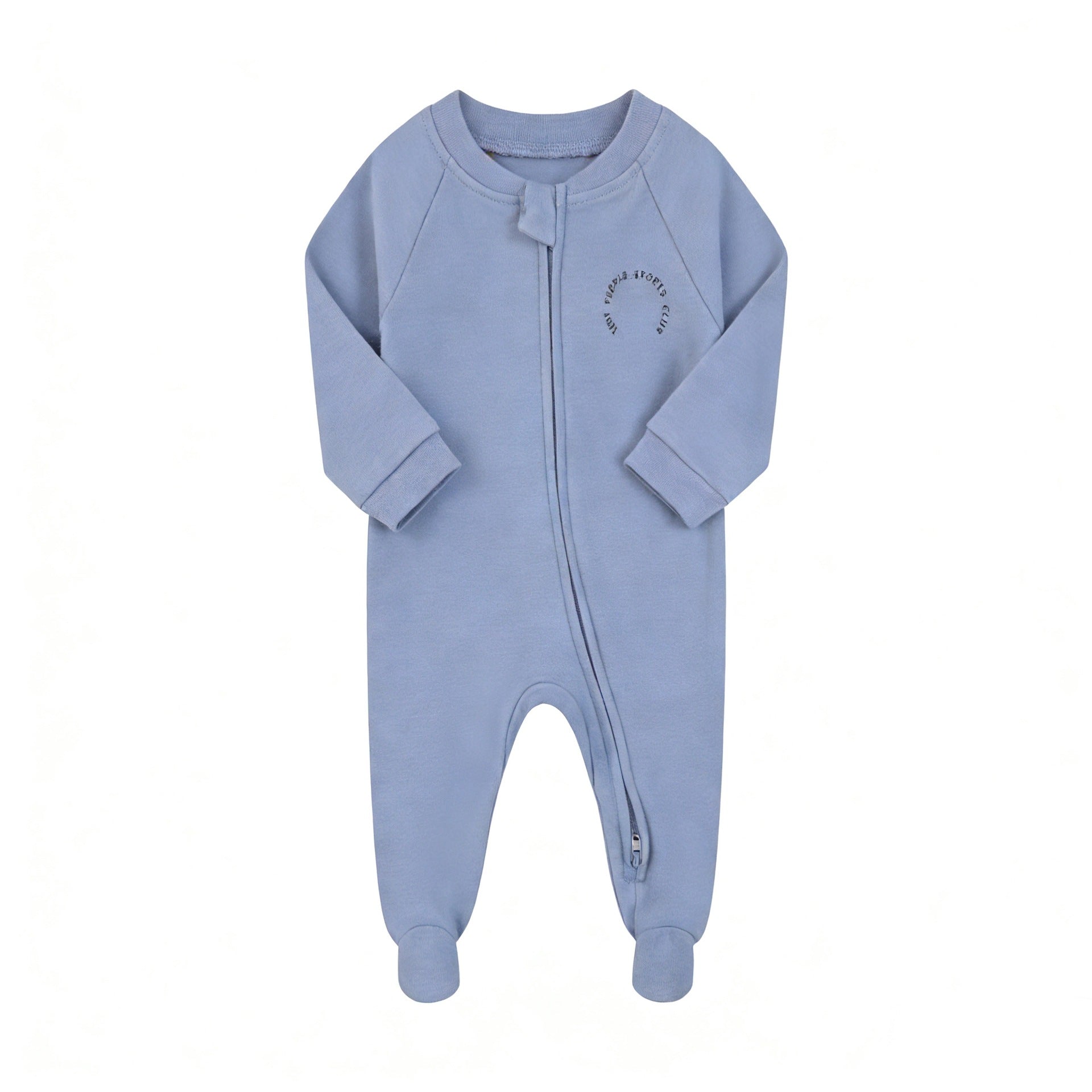Blue sports club zip baby sleepsuit with covered feet and a tab over the zip, laid flat