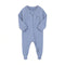 Blue sports club zip baby sleepsuit with covered feet and a tab over the zip, laid flat