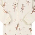 Close-up of the cream ballerina print, the cotton jersey and the zip