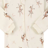 Close-up of the cream ballerina print, the cotton jersey and the zip