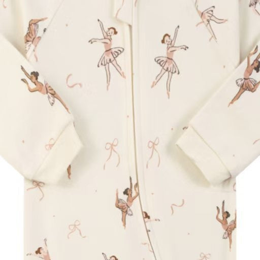 Close-up of the cream ballerina print, the cotton jersey and the zip