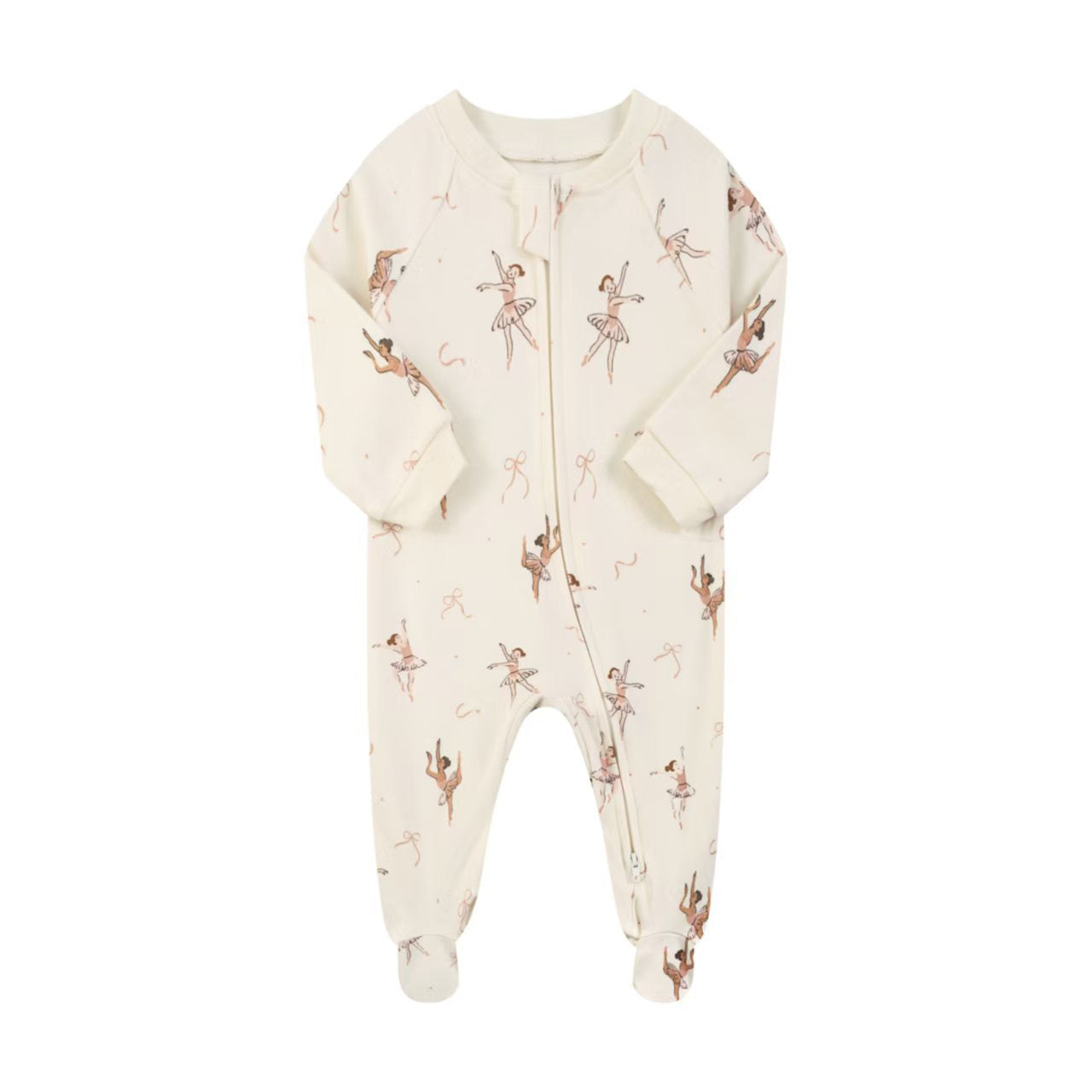 Cream ballerina zip baby sleepsuit with covered feet and a tab over the zip, laid flat