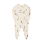 Cream ballerina zip baby sleepsuit with covered feet and a tab over the zip, laid flat
