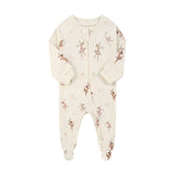 Cream ballerina zip baby sleepsuit with covered feet and a tab over the zip, laid flat