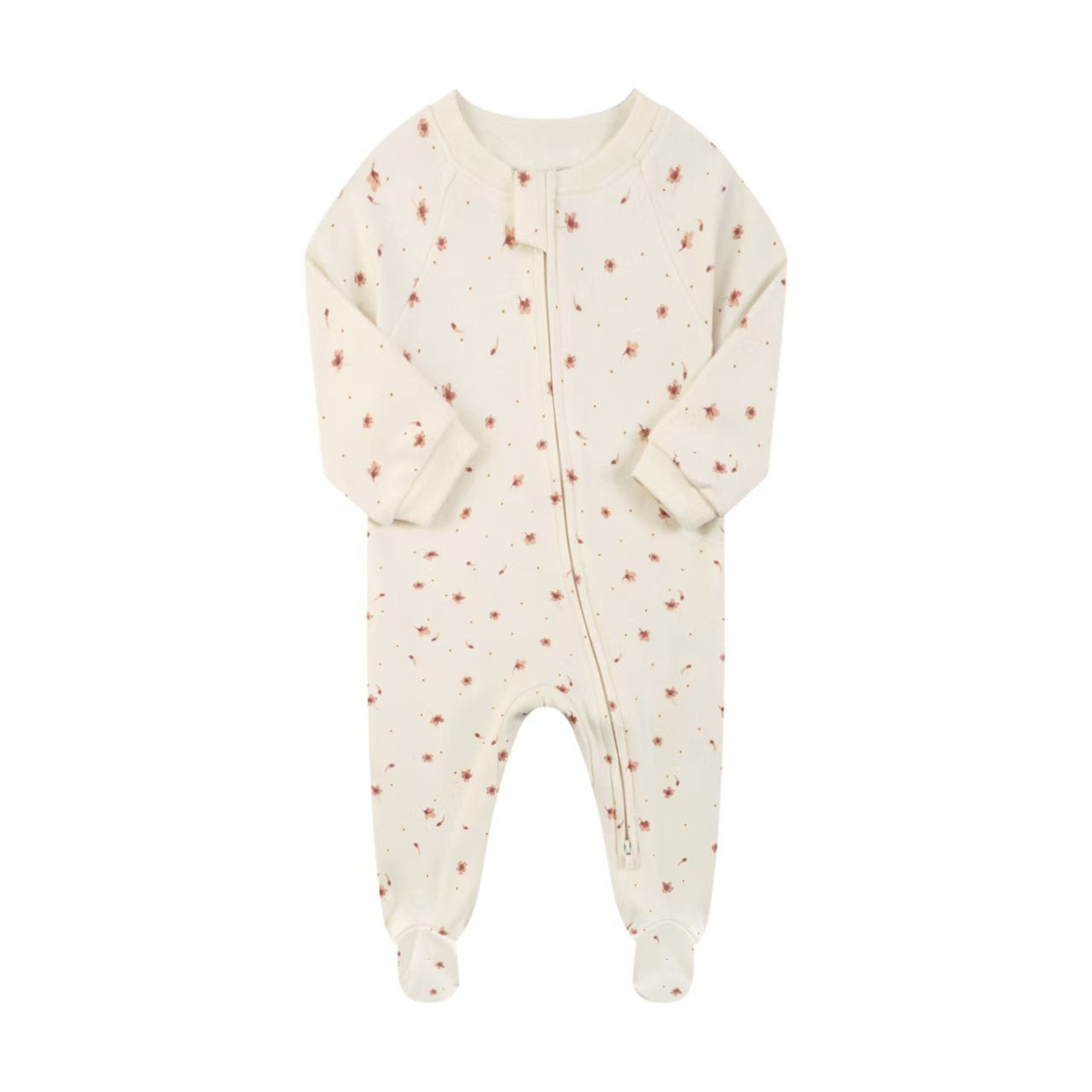 Cream ditsy flower zip baby sleepsuit with covered feet and a tab over the zip, laid flat